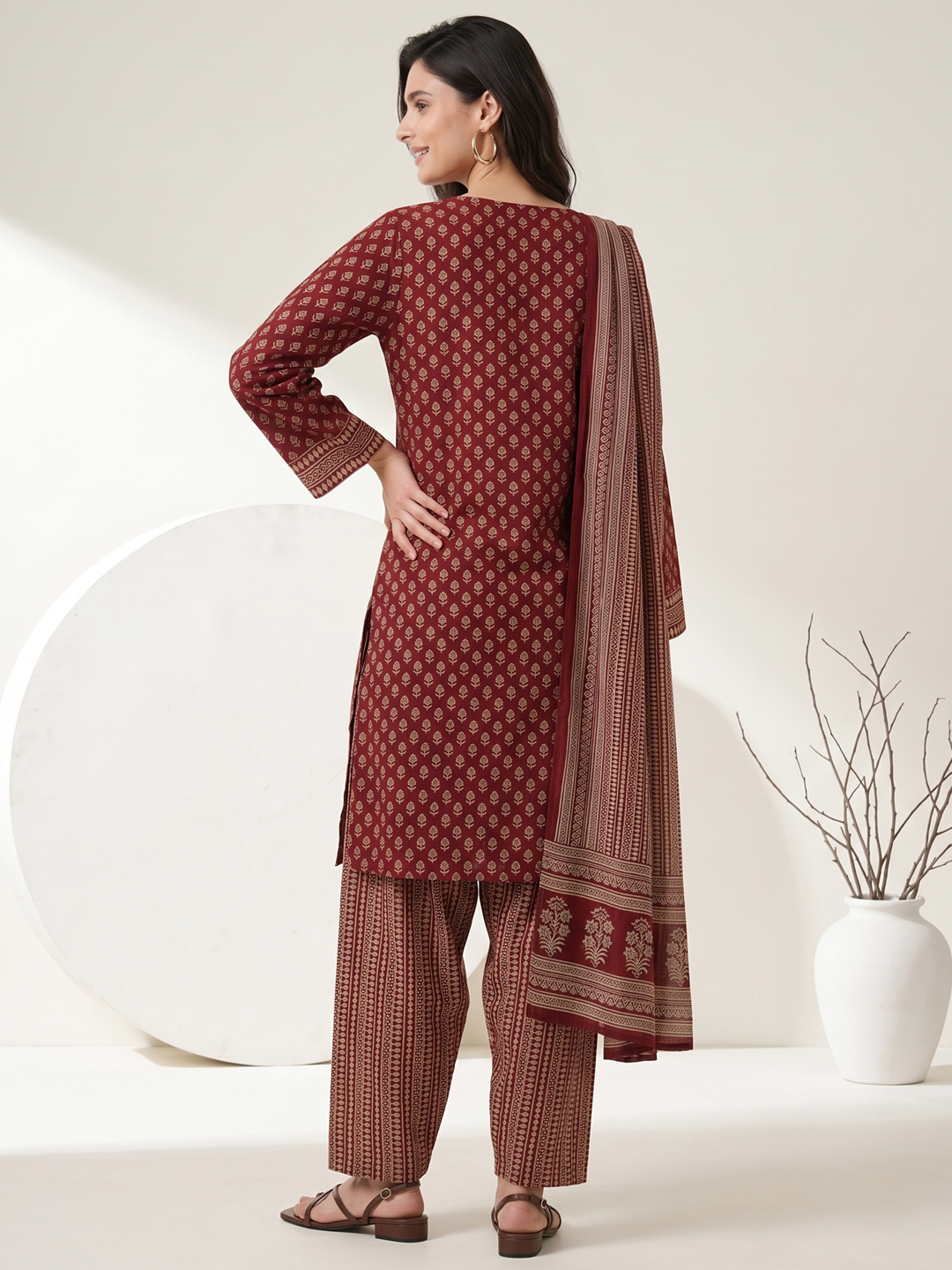 Black Ethnic Cotton Kurta Set with Lace-trimmed Trousers & Printed Dupatta