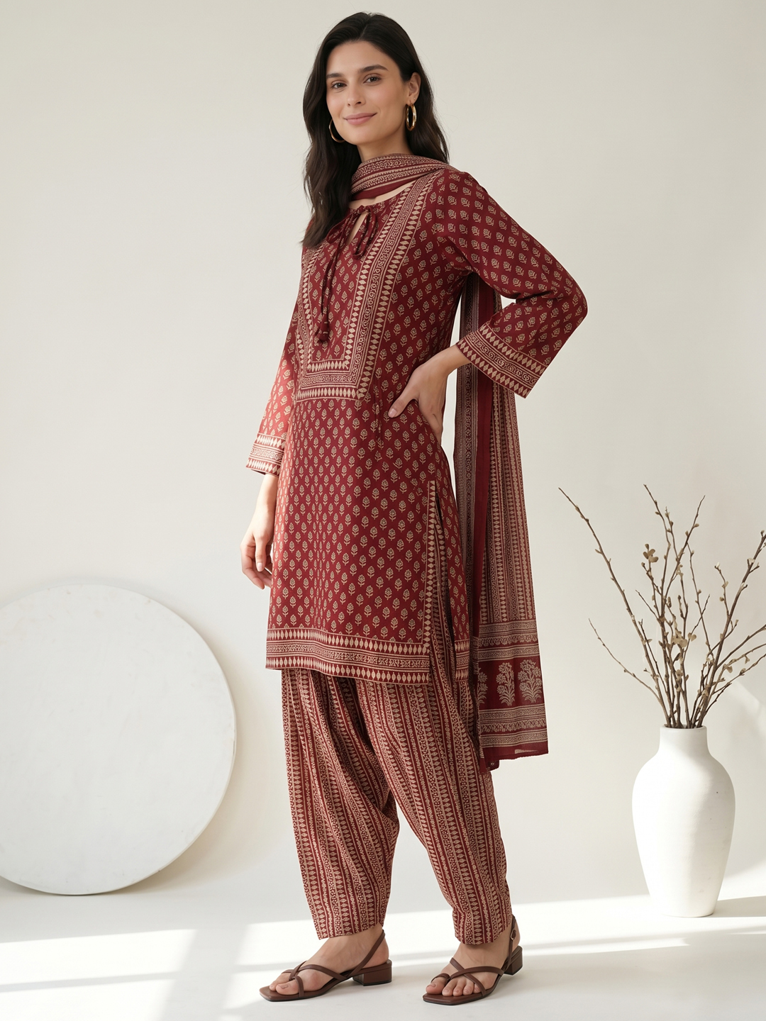 Black Ethnic Cotton Kurta Set with Lace-trimmed Trousers & Printed Dupatta